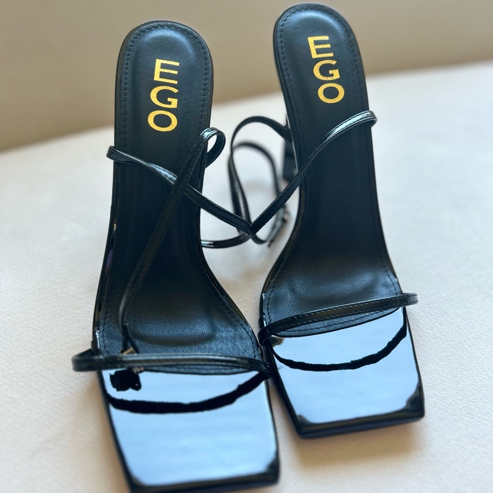 EGO Square Toe Sculptured Block Heel In Black Patent